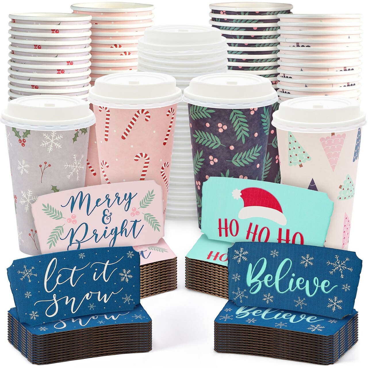 Sparkle and Bash 48 Piece Disposable Christmas Coffee Cups with Lids and Sleeves, 16oz Coffee Cups, 4 Xmas Holiday Designs, Christmas Paper Cups for Serving Tea, Coffee, Hot Cocoa